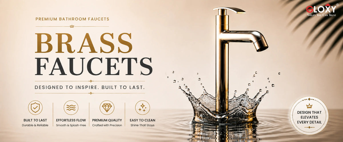A premium brass bathroom faucet shown with a water splash and ripples on a warm beige background, with large text reading 'BRASS FAUCETS' and smaller marketing copy. A small 'CLOXY' brand mark appears in the top right corner.