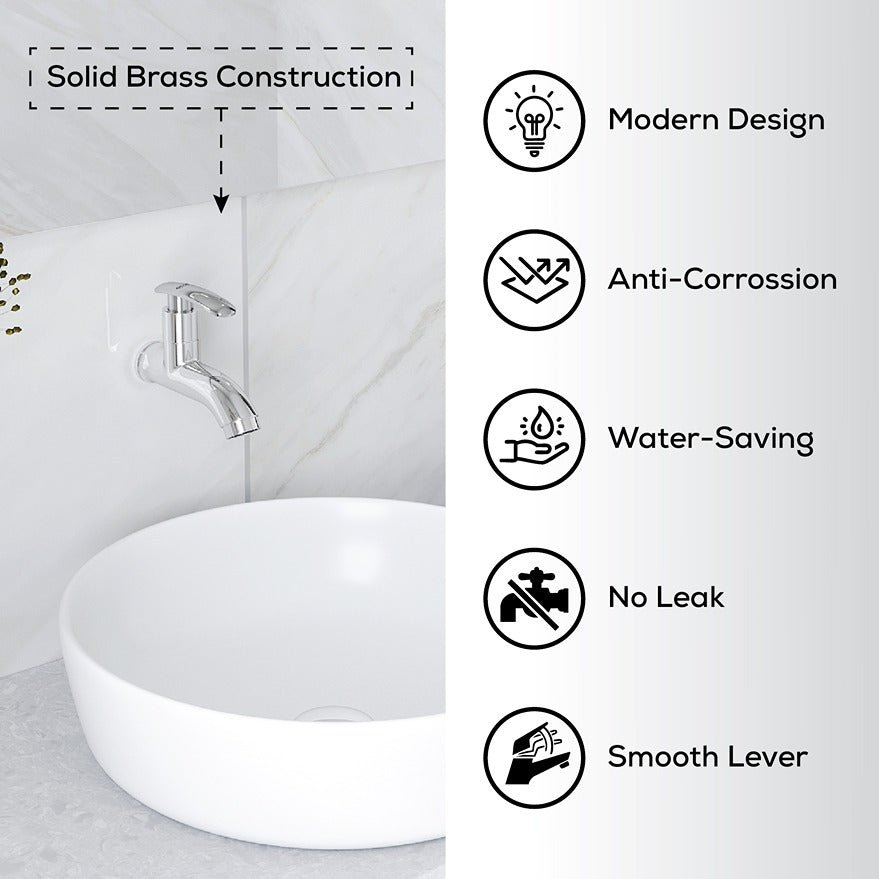 Bathroom sink with faucet and features listed on a white background