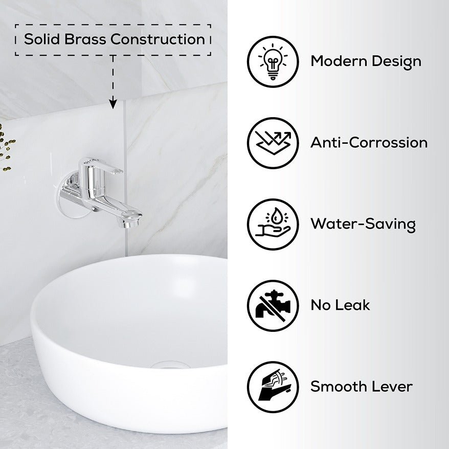 White sink with faucet and features listed on a white background