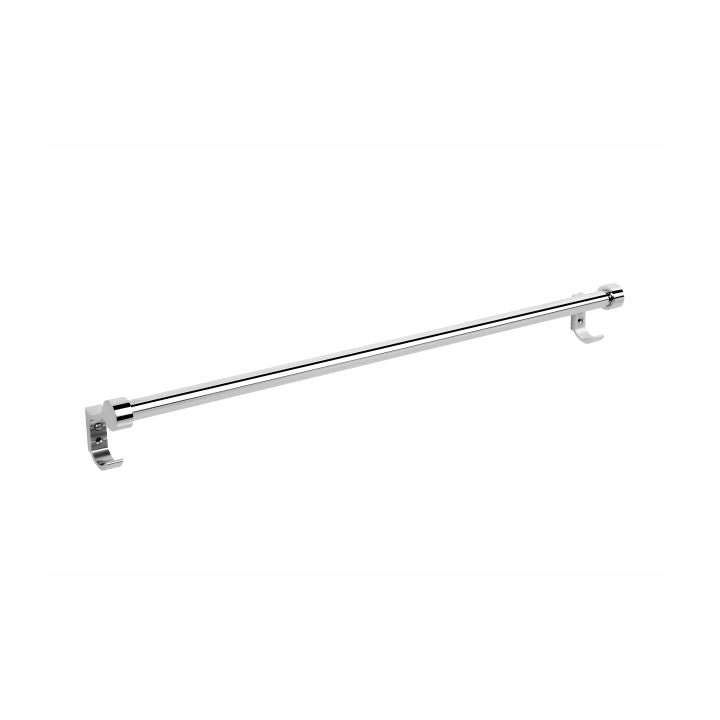 a stainless steel towel bar against white background