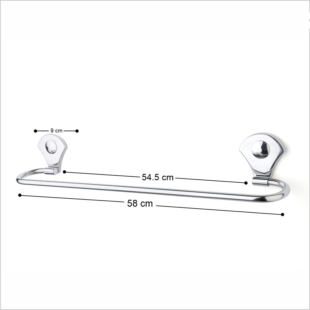 Chrome towel bar with measurements on a white background