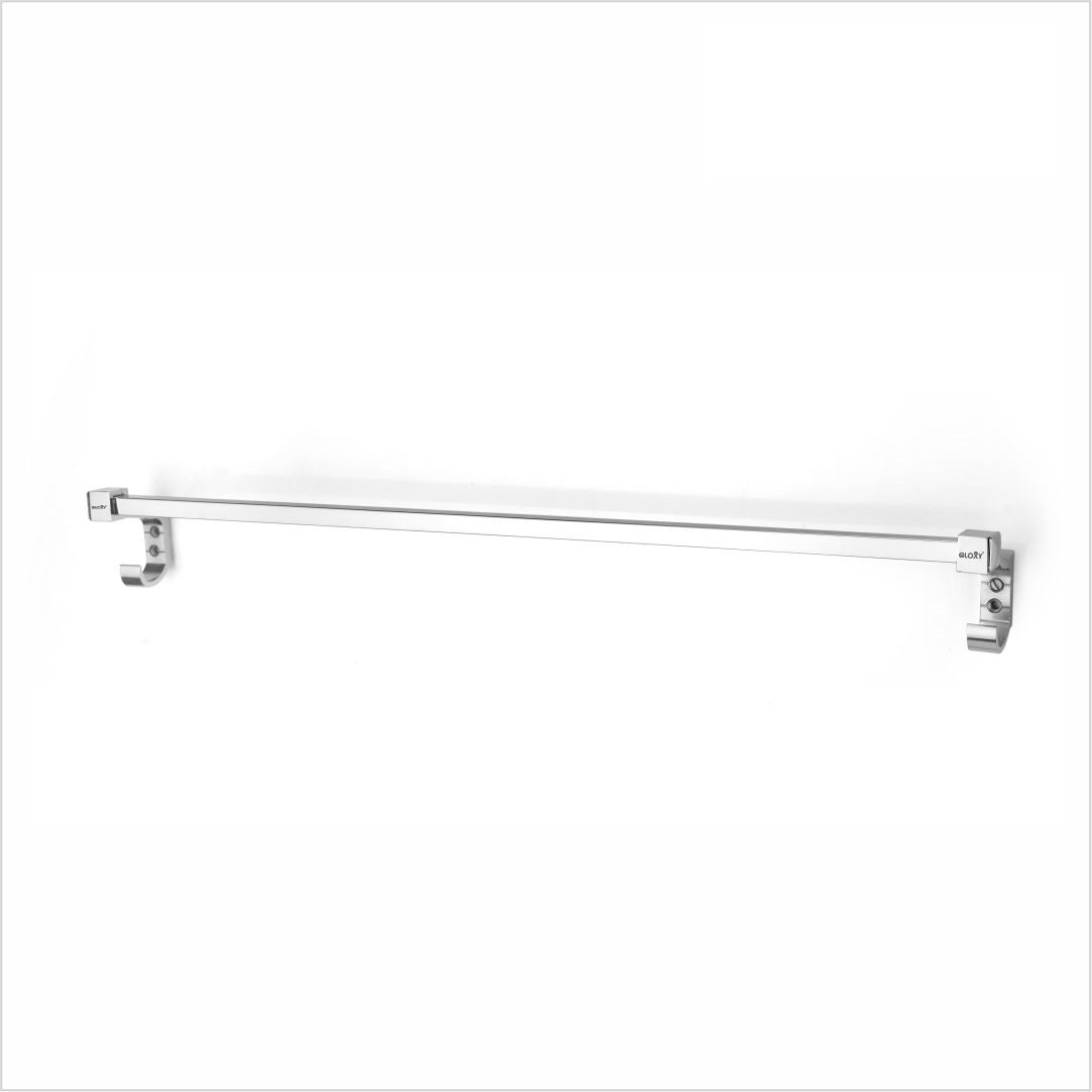 A stainless steel towel rod with nickel-chrome plating, mounted on a white wall with two hooks on the rod.