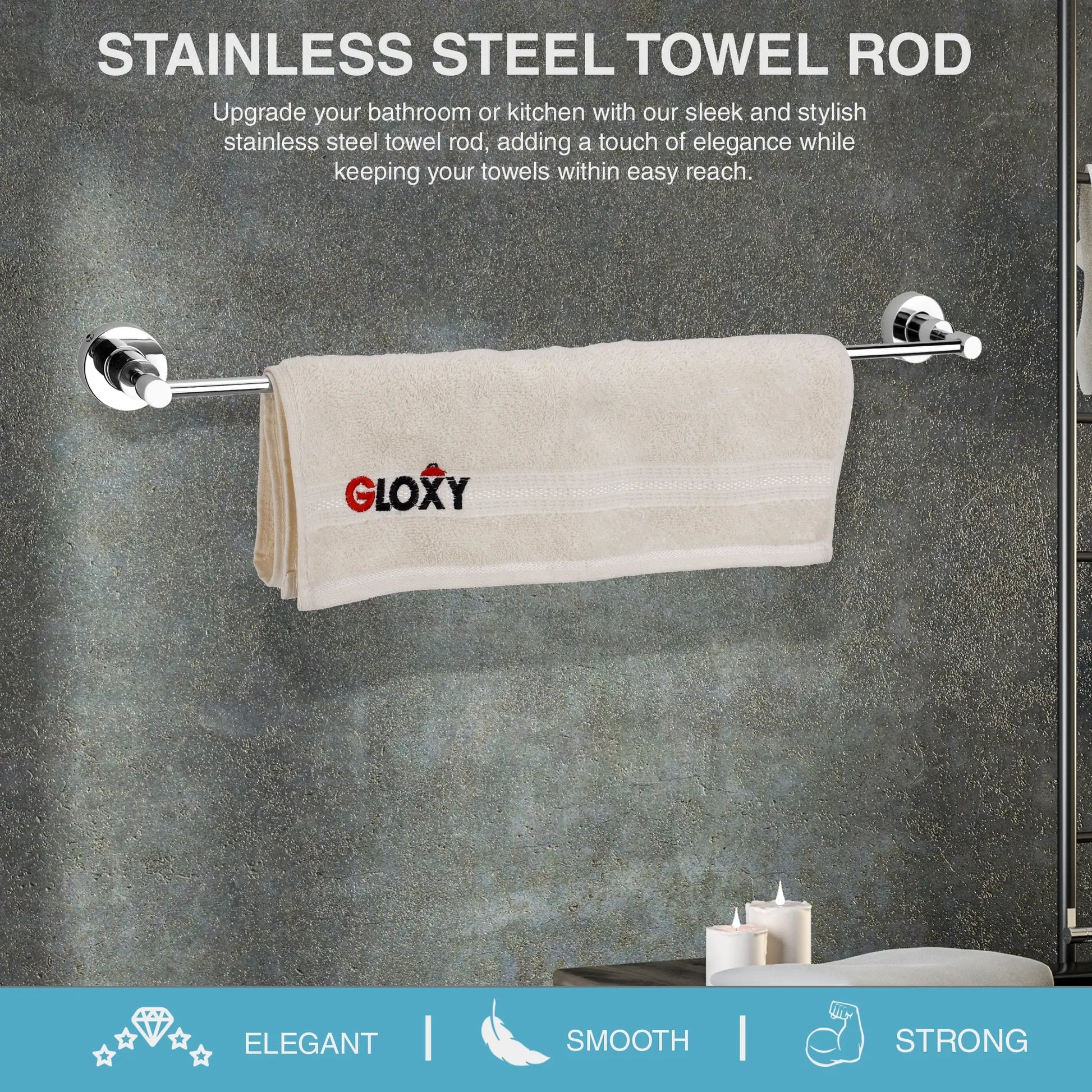 A stainless steel towel rod with a 'GLOXY' logo towel hanging on it, mounted on a gray wall.