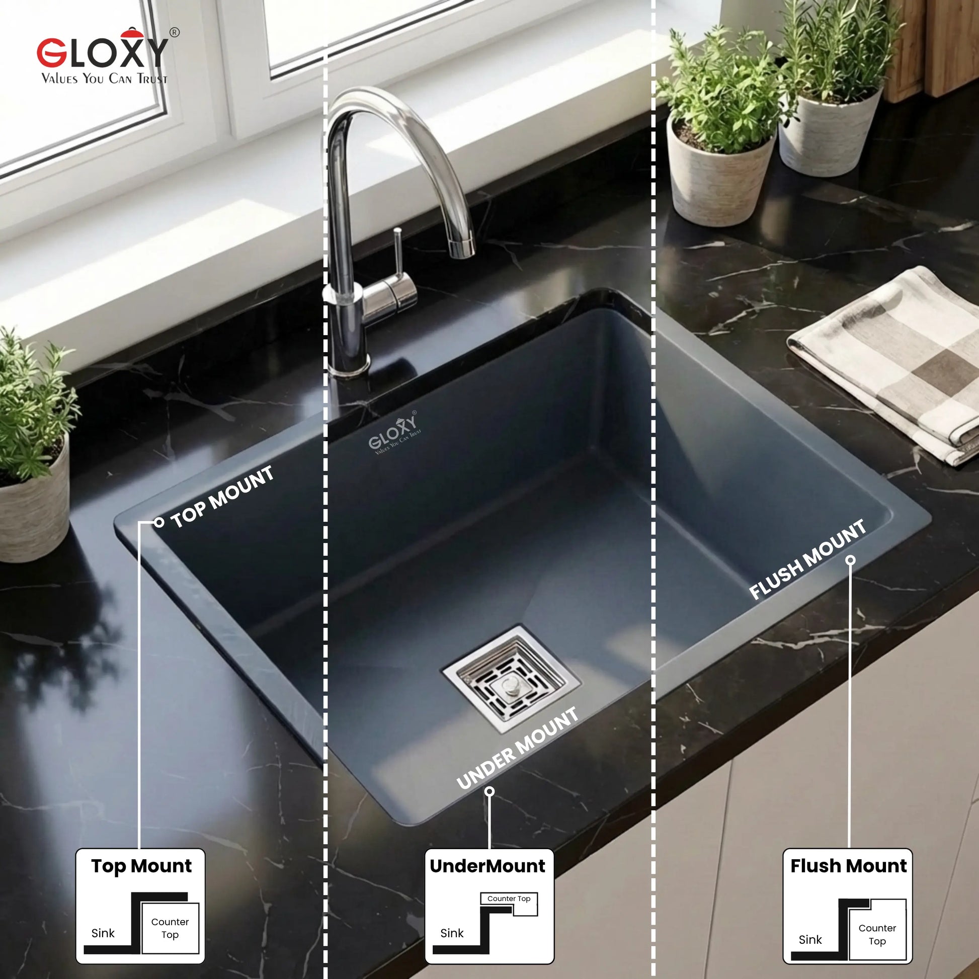 Gloxy Stainless Steel Handmade Single Bowl Kitchen Sink 16x18 Inch-Gray