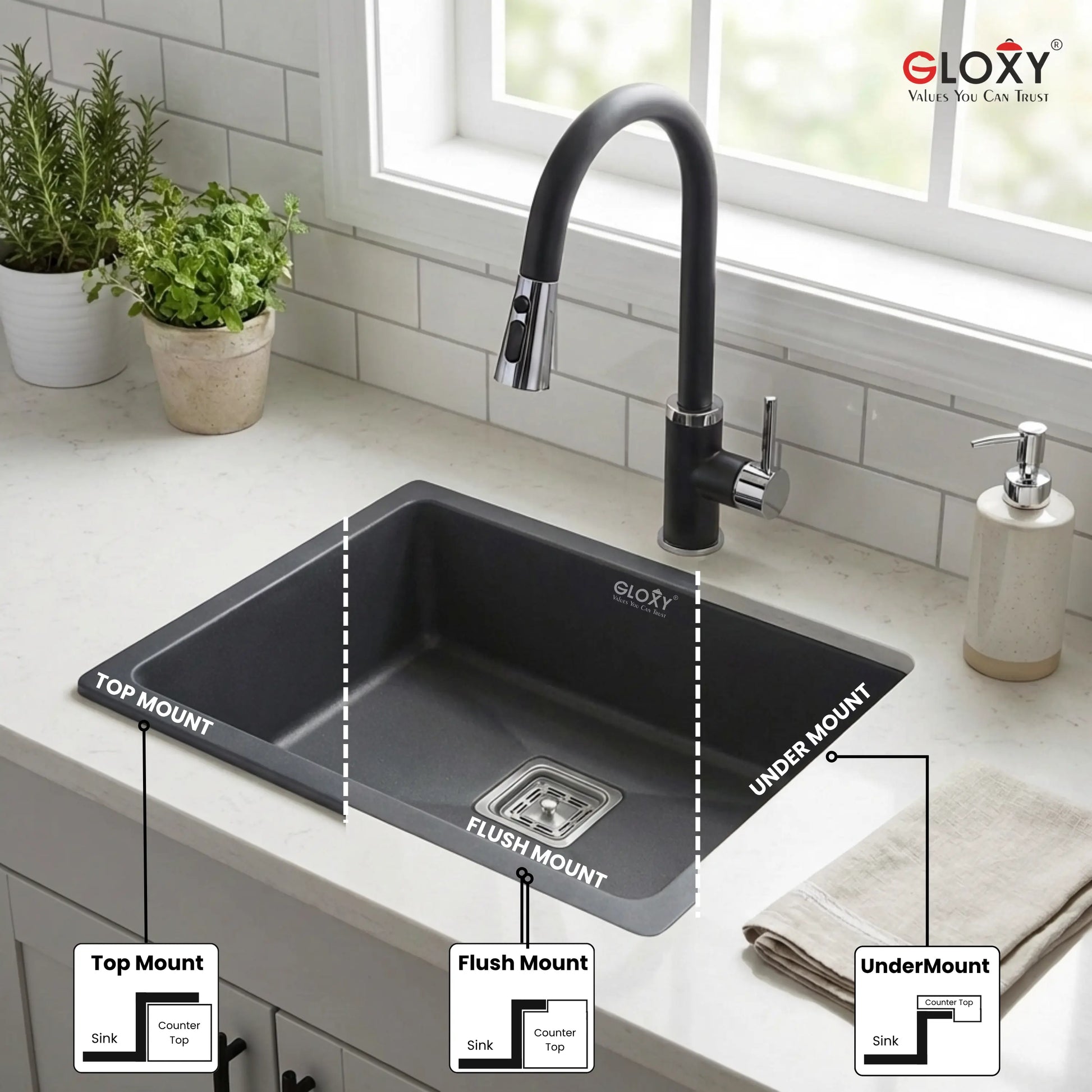 Gloxy Stainless Steel Handmade Single Bowl Quartz Sink For Kitchen 16x18 Inch-Black