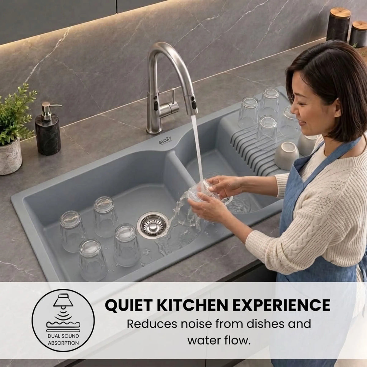 GLOXY Quartz Granite Double Bowl Kitchen Sink with Drain Board | 45 × 20 × 9 Inches (Grey Matte)