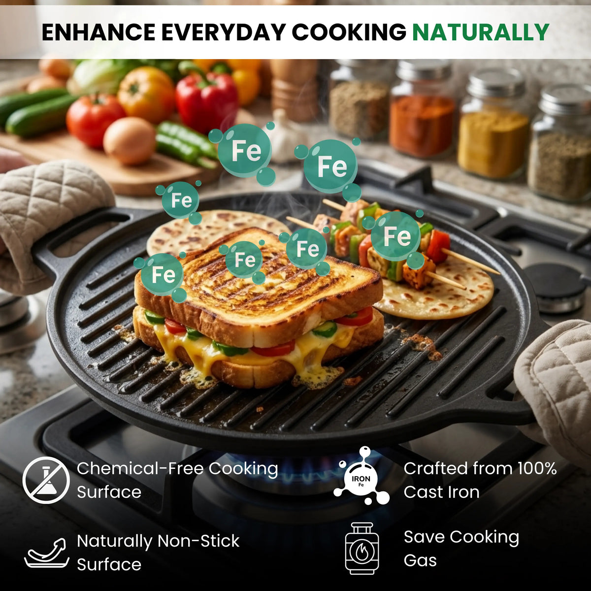 GLOXY Premium Cast Iron 2 in 1 Tawa