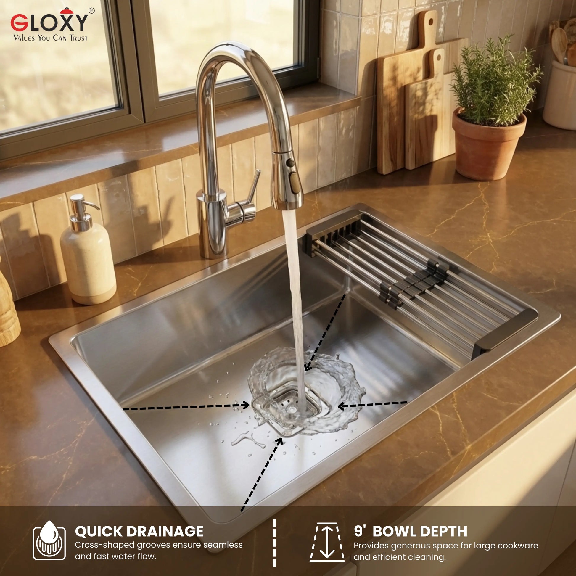 Gloxy Single Bowl 304 Stainless Steel Sink For Kitchen 24x18x10 Inch- Silver
