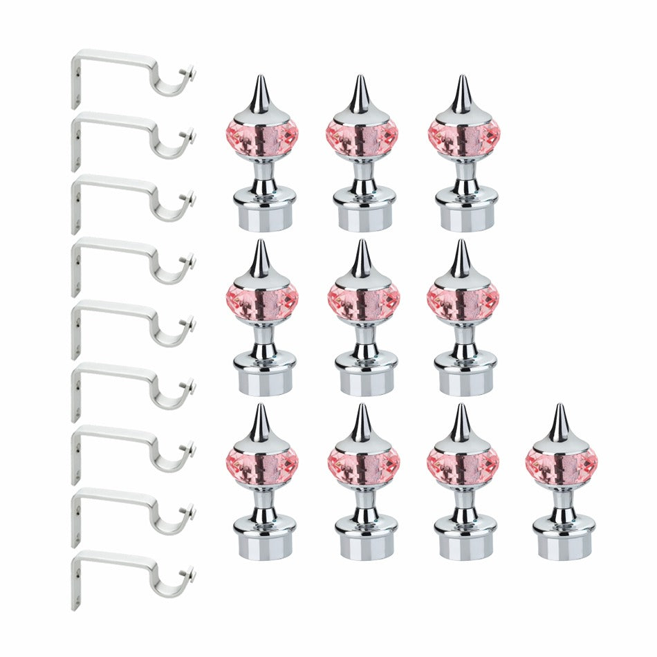 Gloxy Single Diamond Aluminium Curtain Rod Finials with Support– Silver Mix Pink Pair of 5