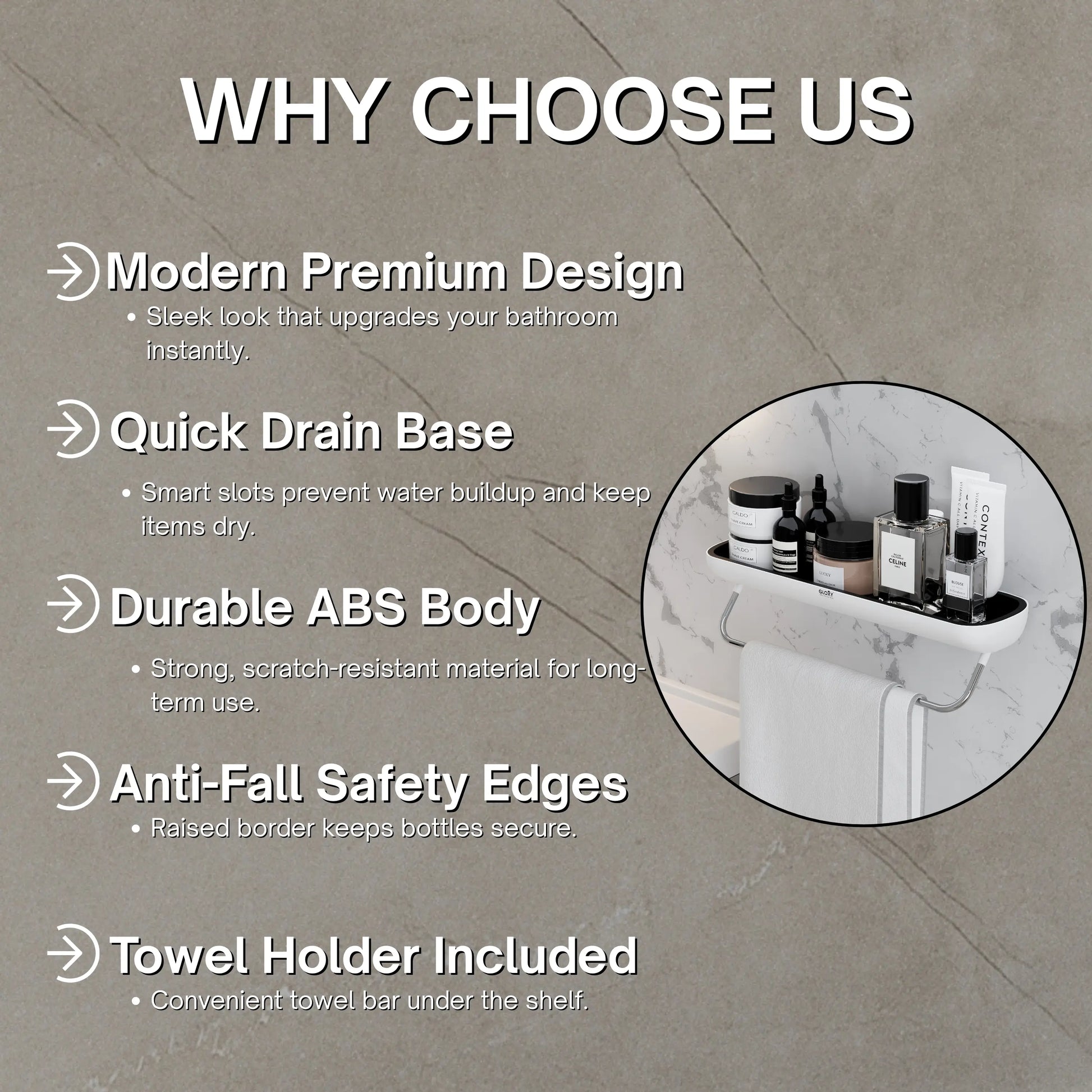 Product advertisement with features of a bathroom shelf on a tiled wall background.