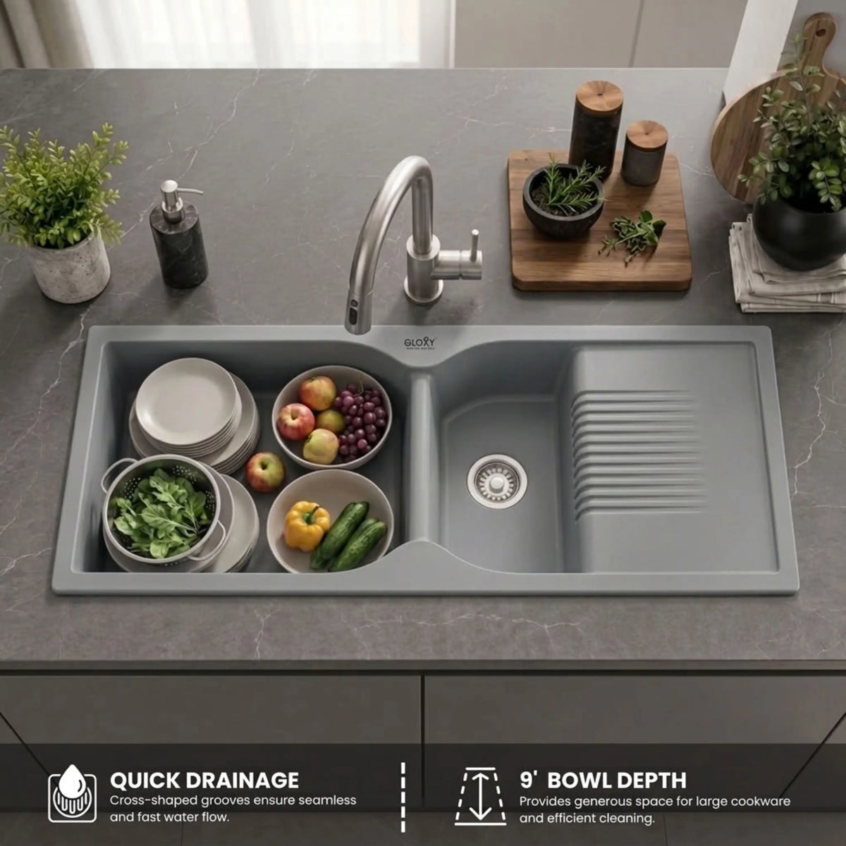 GLOXY Quartz Granite Double Bowl Kitchen Sink with Drain Board | 45 × 20 × 9 Inches (Grey Matte)