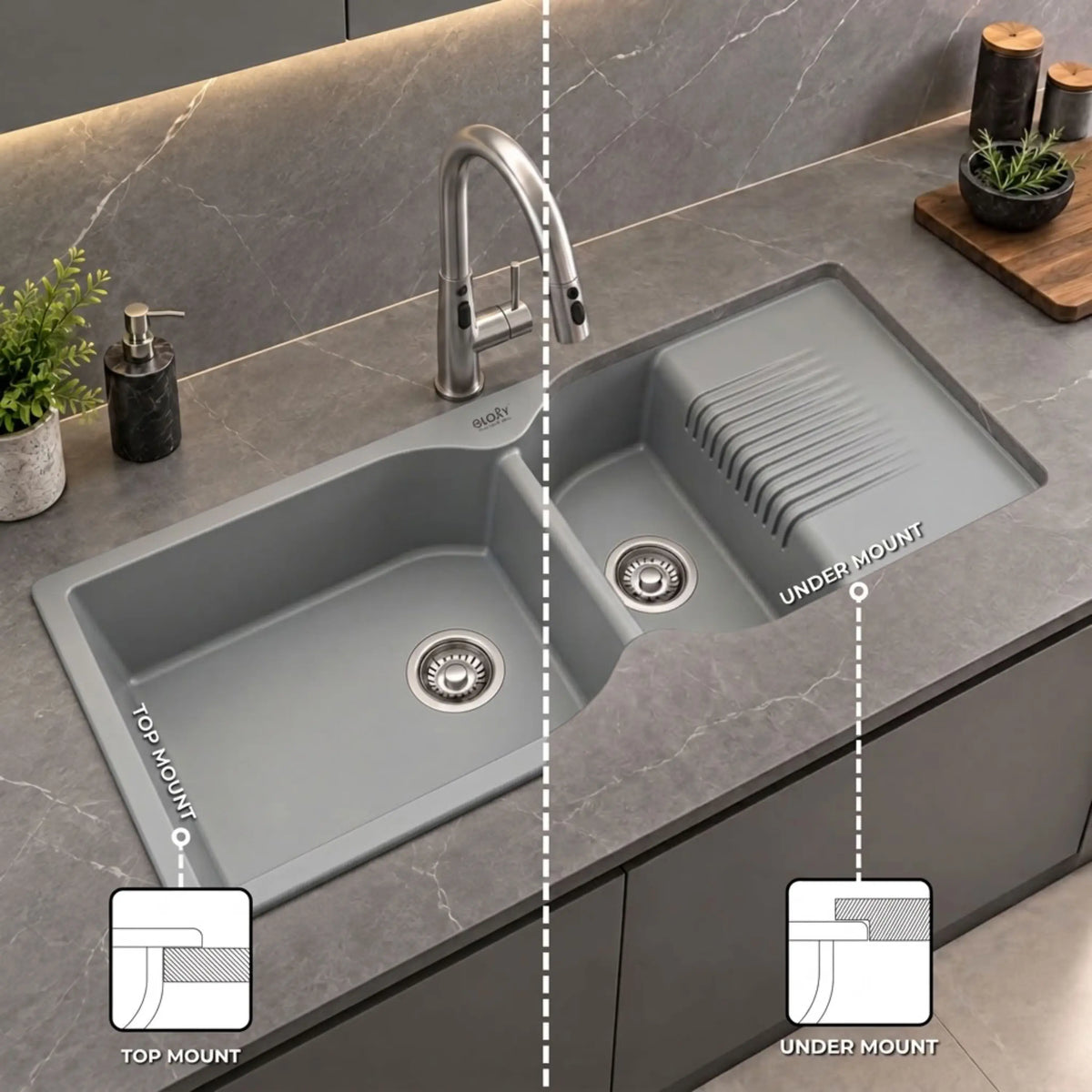 GLOXY Quartz Granite Double Bowl Kitchen Sink with Drain Board | 45 × 20 × 9 Inches (Grey Matte)