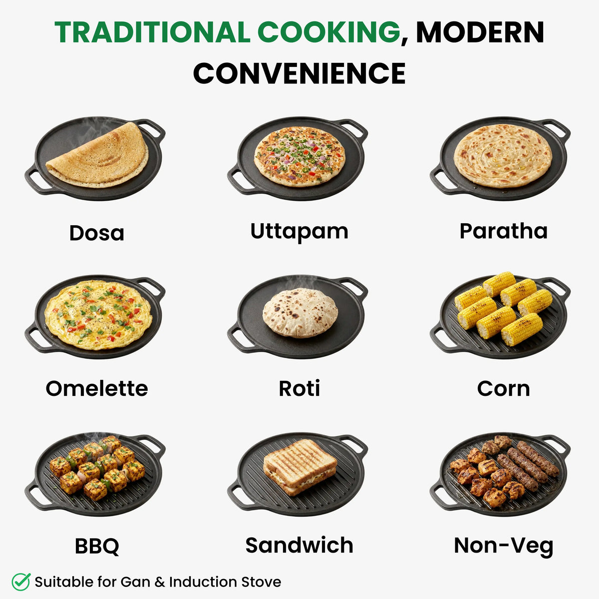GLOXY Premium Cast Iron 2 in 1 Tawa