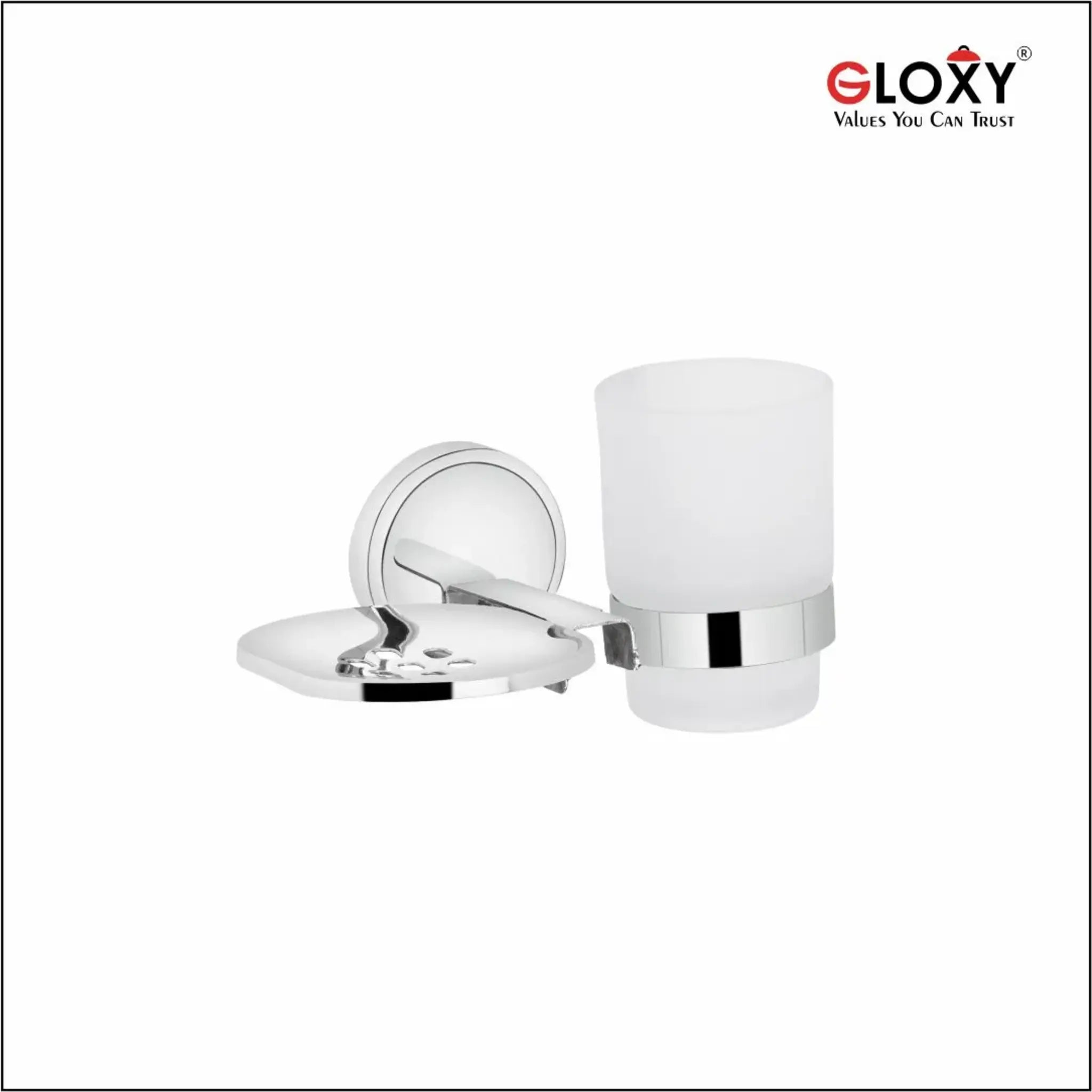Gloxy Round Shape Stainless Steel 202 Grade Chrome Finish Single Soap Holder With Glass Tumbler Holder