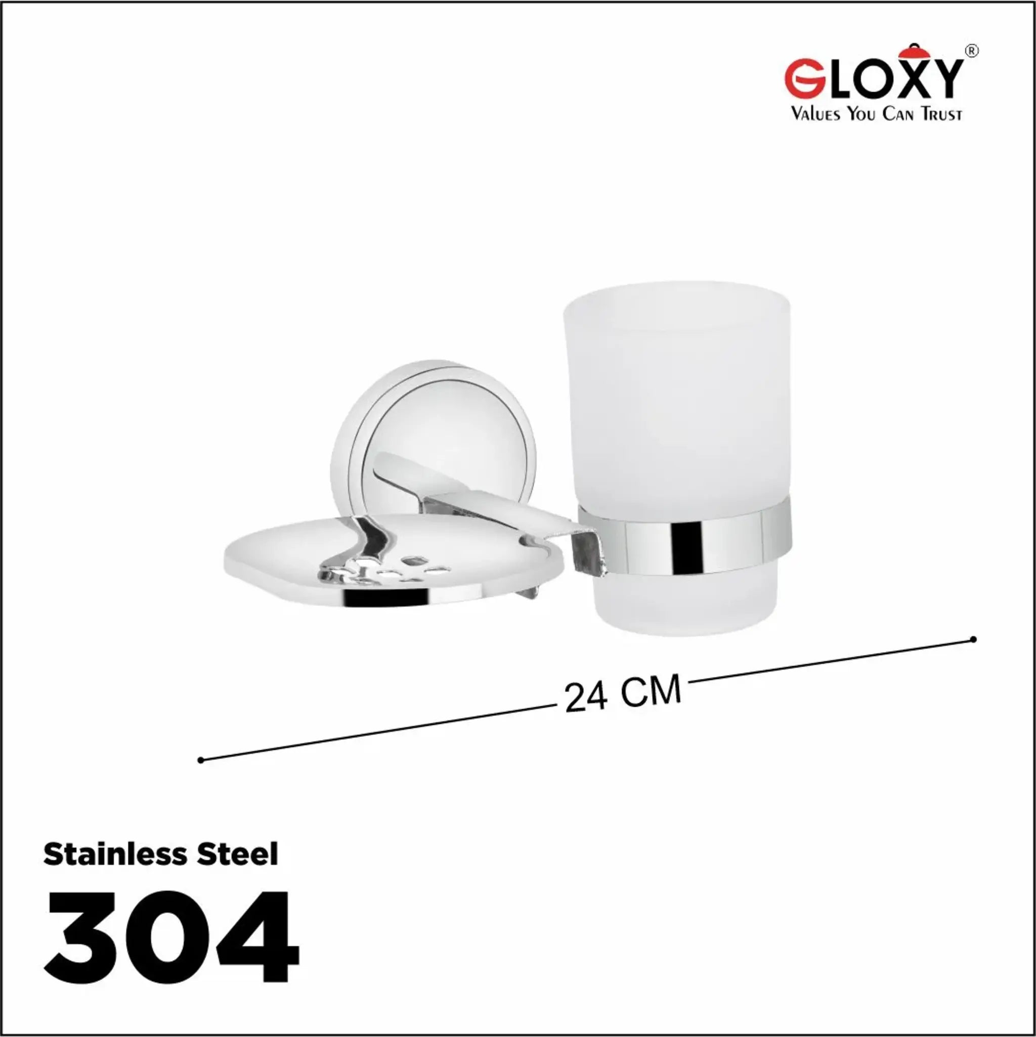 Gloxy Round Shape Stainless Steel 202 Grade Chrome Finish Single Soap Holder With Glass Tumbler Holder