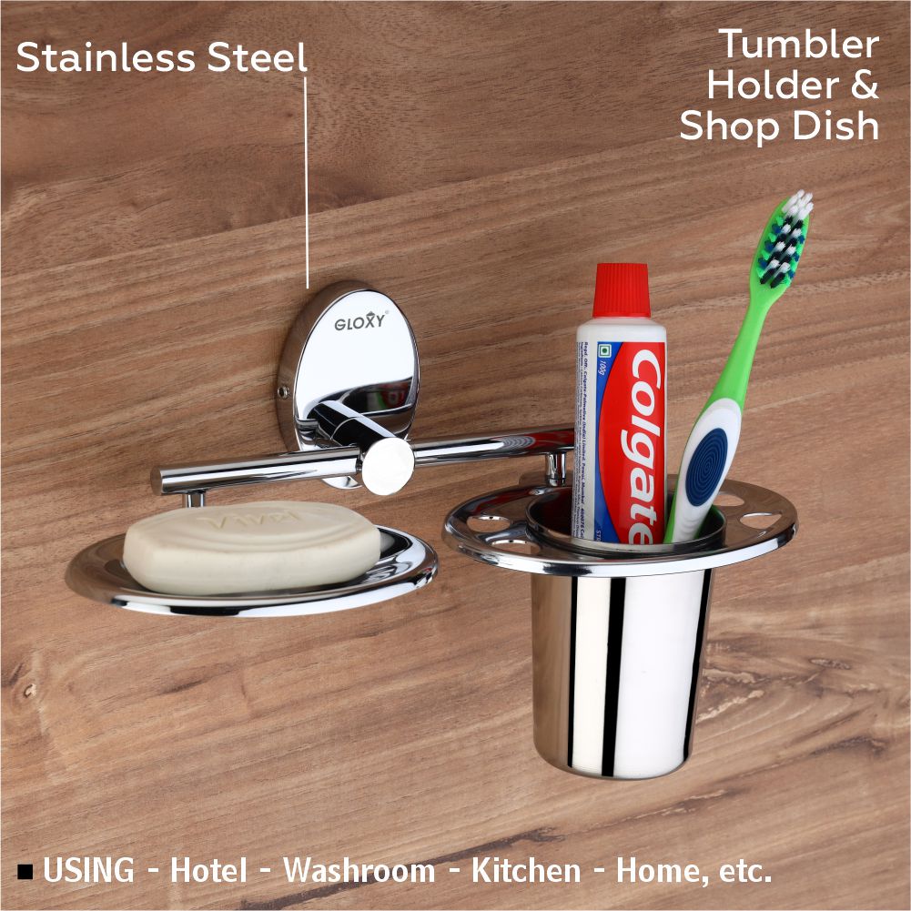 Gloxy Oval Shape Stainless Steel 202 Grade Chrome Finish Single Soap Holder With Tumbler & Toothbrush Holder