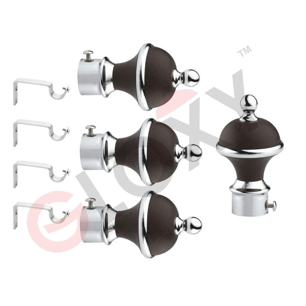 Gloxy Manjira Shape Stainless Steel & ABS Curtain Rod Finials with Support– Brown 2 Pair
