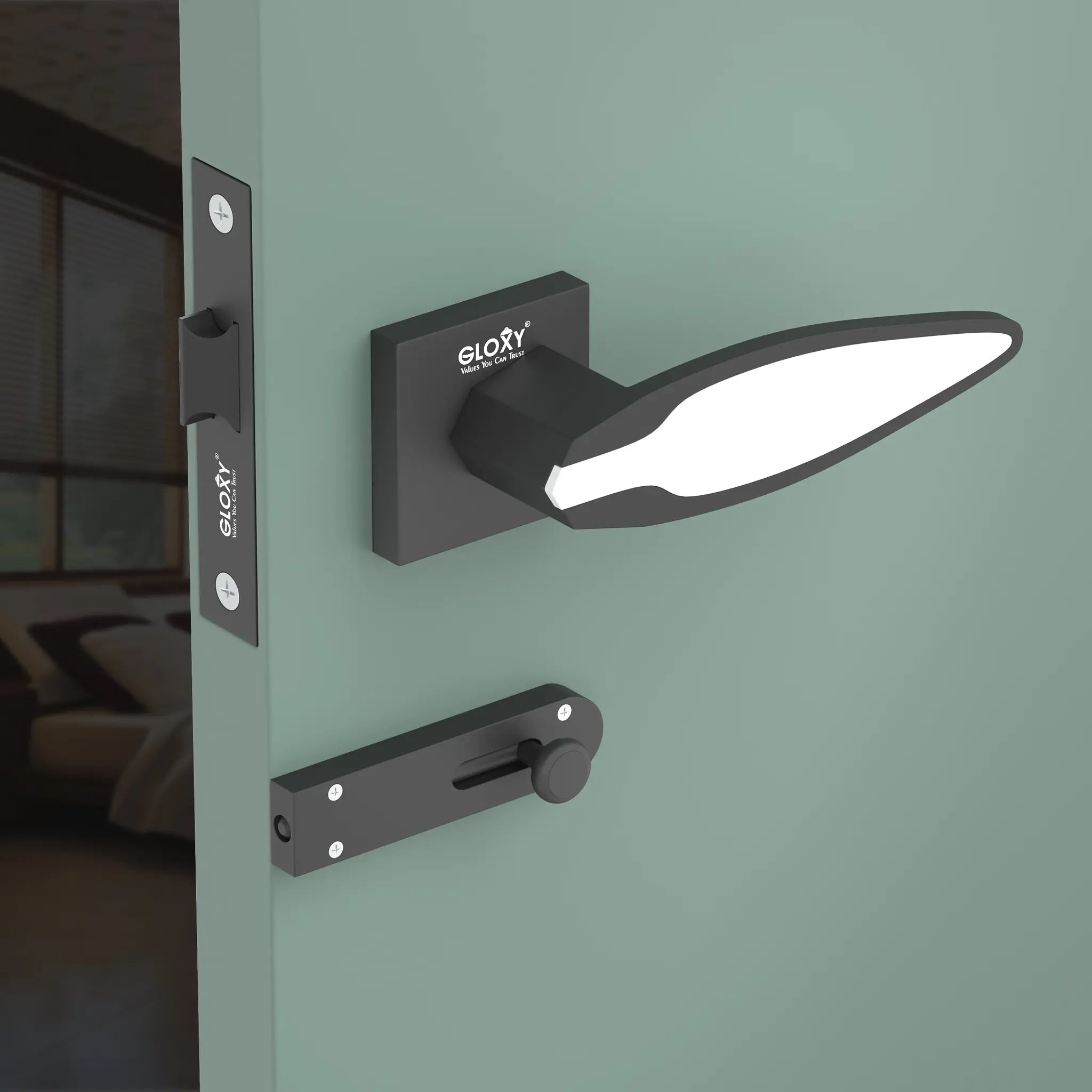 Gloxy Kavro Series Black Finish Mortise Bathroom Door Latch Lock With Handle