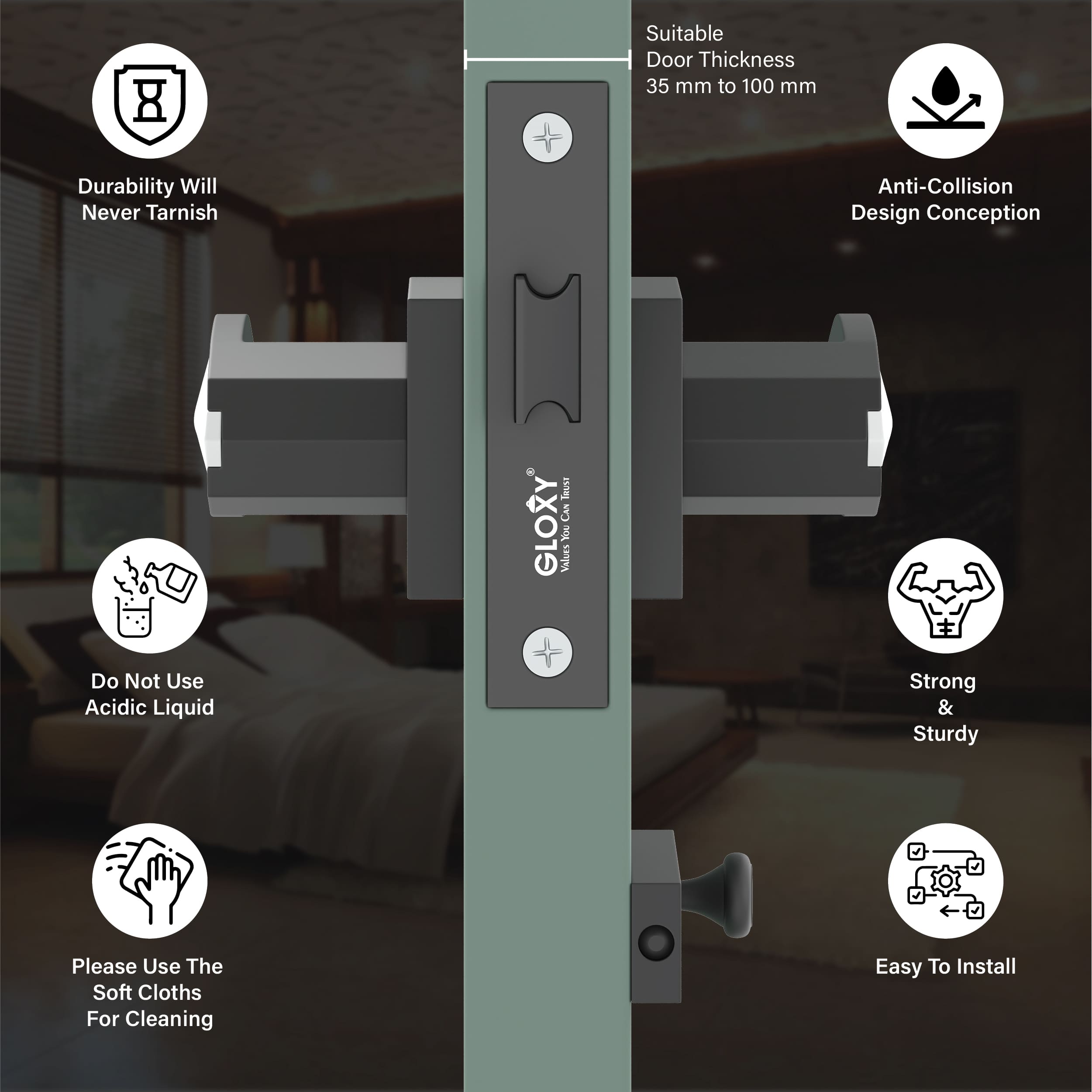 GLOXY Brass Door Lock for Balcony Store Room Door Lock, Mortise Keyless Handle Set with Brass Baby Latch for Home,Office,Hotel | Gold & Black Finish (2 Years Warranty, Pack of 1)