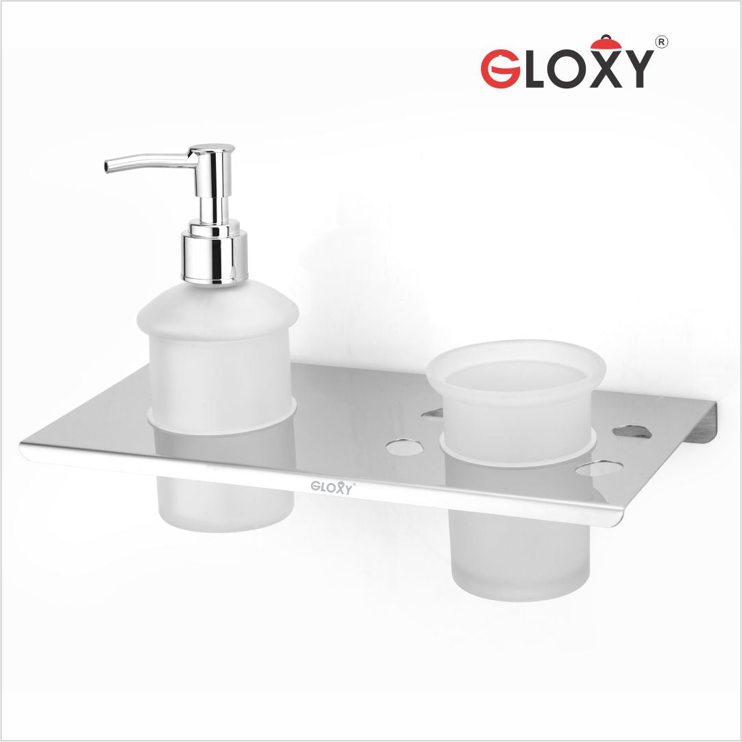 Stainless Steel Smokey Glass Toothbrush Holder with Liquid Soap Dispenser