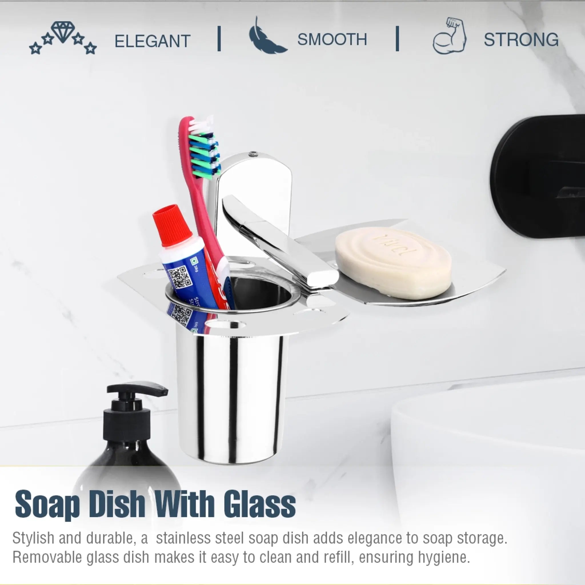 Gloxy Rectangular Shape Stainless Steel 202 Grade Chrome Finish Single Soap Holder With Tumbler Holder