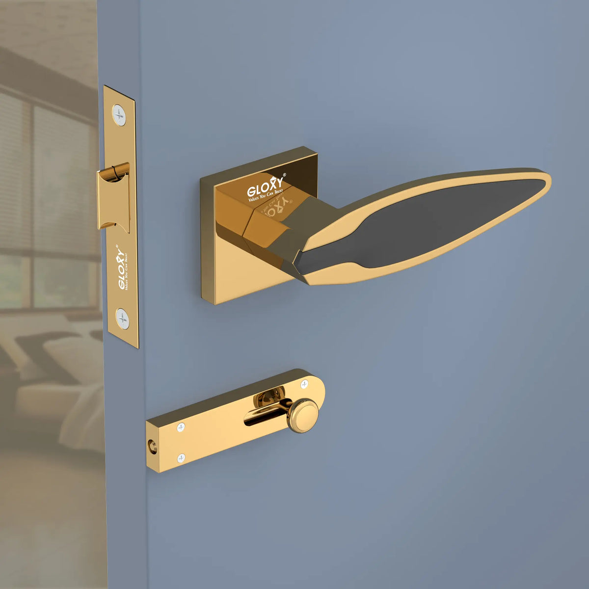 GLOXY Brass Door Lock for Balcony Store Room Door Lock, Mortise Keyless Handle Set with Brass Baby Latch for Home,Office,Hotel | Gold & Black Finish (2 Years Warranty, Pack of 1)