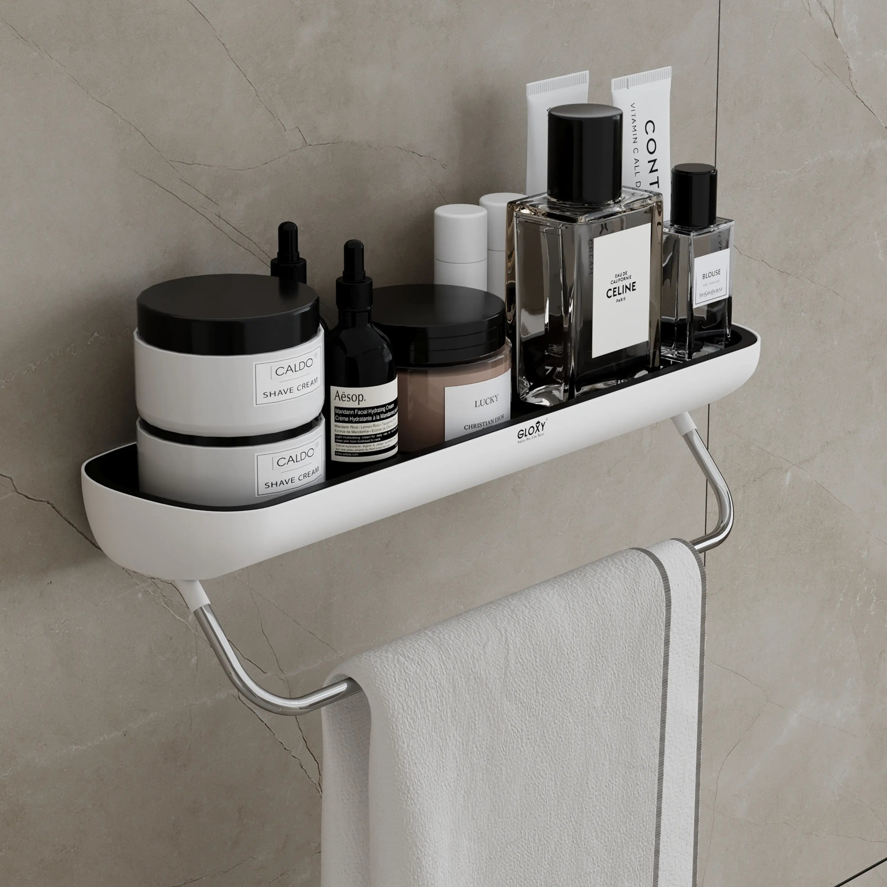 Bathroom shelf with toiletries against a tiled wall