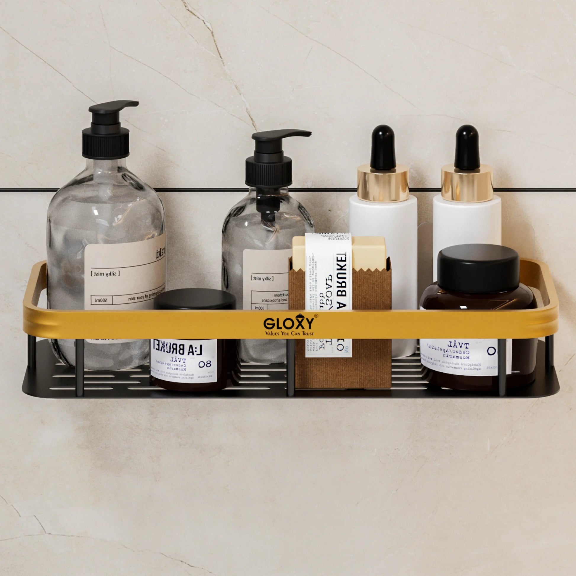 Bathroom shelf with various skincare products on a tiled wall background