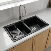 GLOXY Premium Quartz Granite Double Bowl Kitchen Sink 45x20x9 Inch - Black Matte Finish