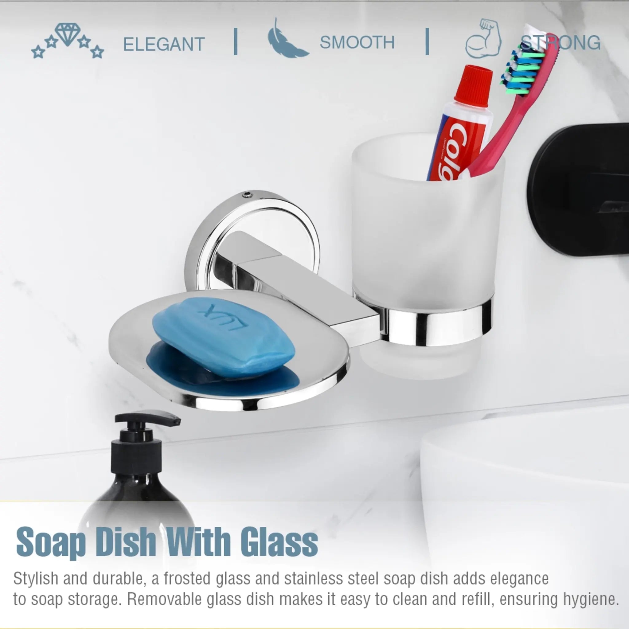 Oval Shape Stainless Steel SS202 Soap Holder with Glass Toothbrush Holder (Silver)-by GLOXY®