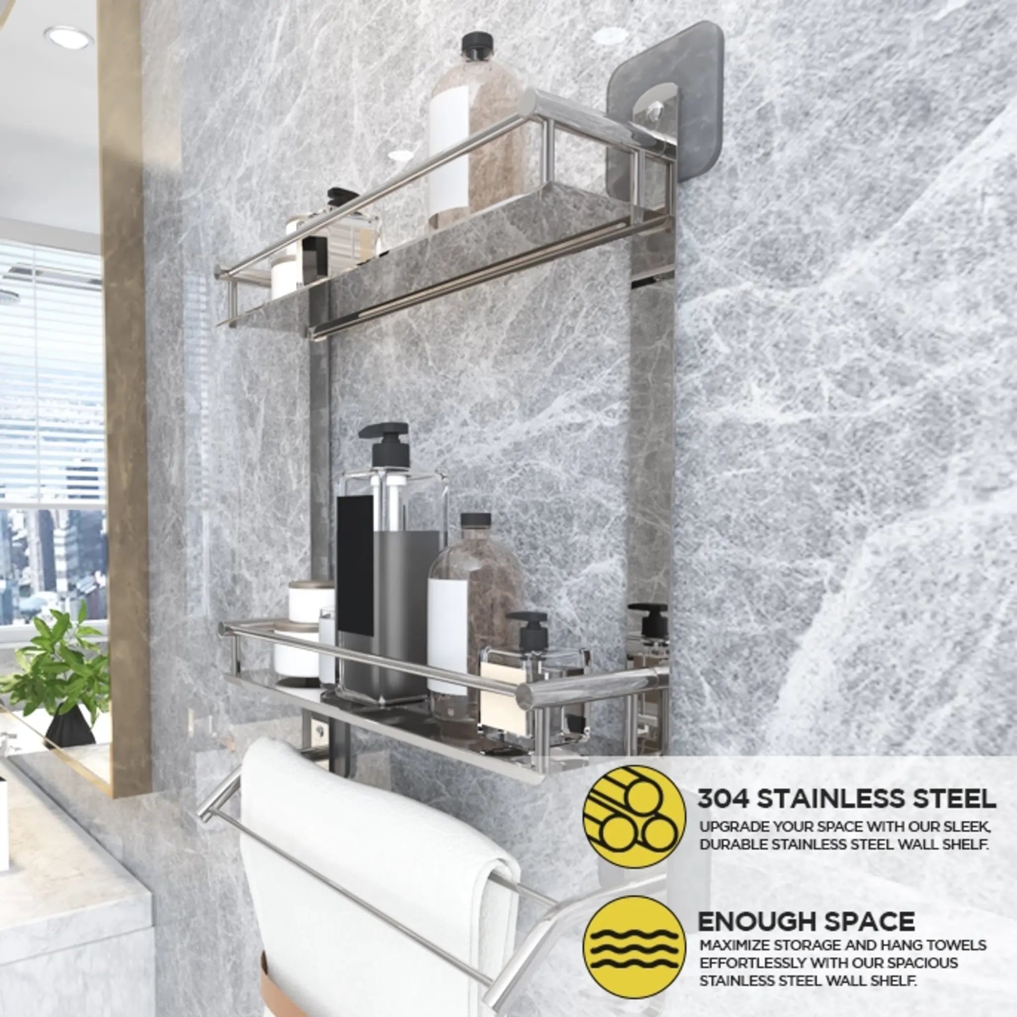 Rectangular Shape Stainless Steel Multipurpose 3 Layer Shelf Adhesive Bathroom Shelf (Silver)-by GLOXY®