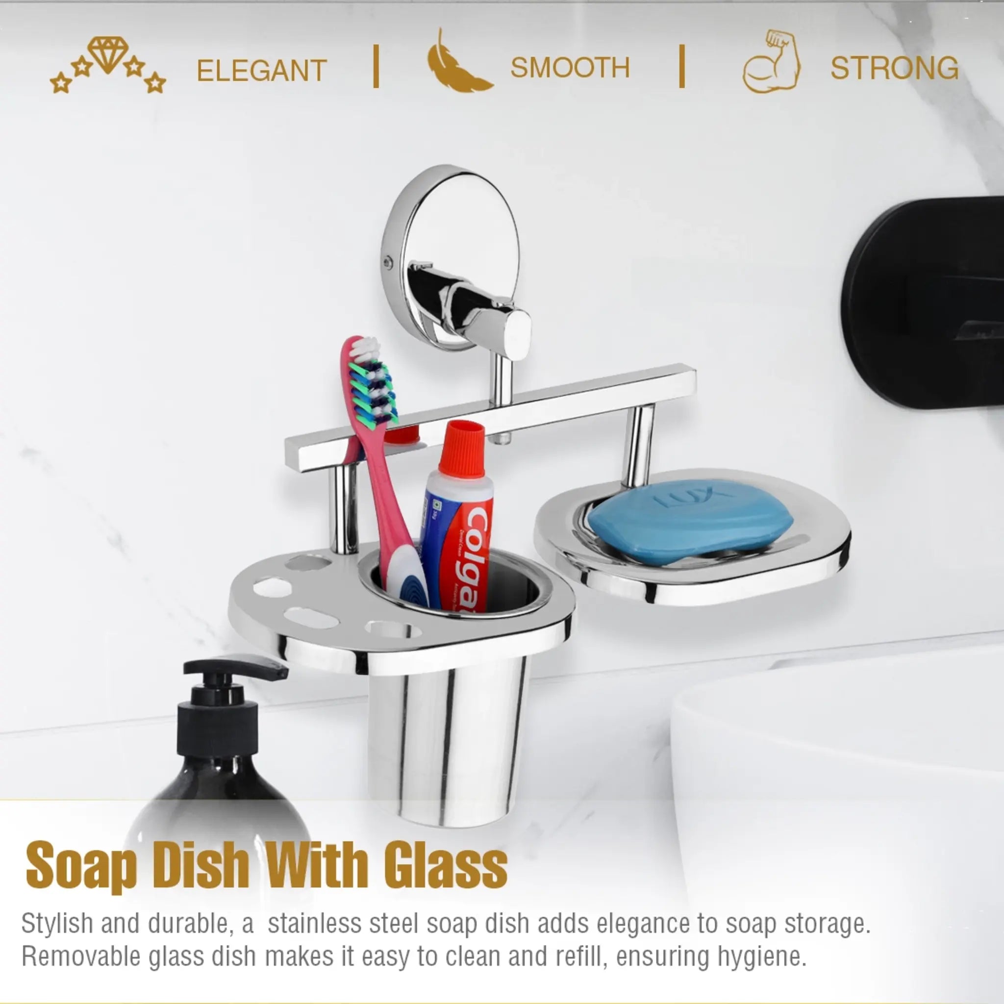Oval Shape Stainless Steel SS202 Soap Holder with Toothbrush Holder(Silver)-by GLOXY®