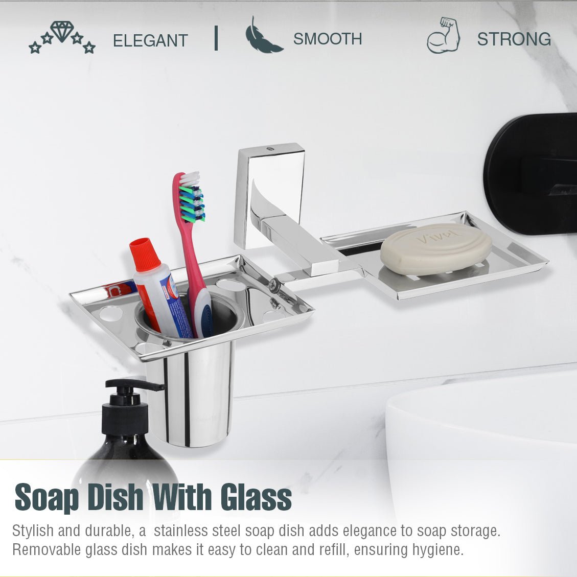 Stainless Steel Silver Soap Holder with Toothbrush Holder