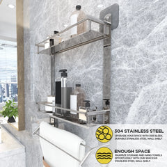 Rectangular Shape Stainless Steel Multipurpose 3 Layer Shelf Adhesive Bathroom Shelf (Silver)-by GLOXY®