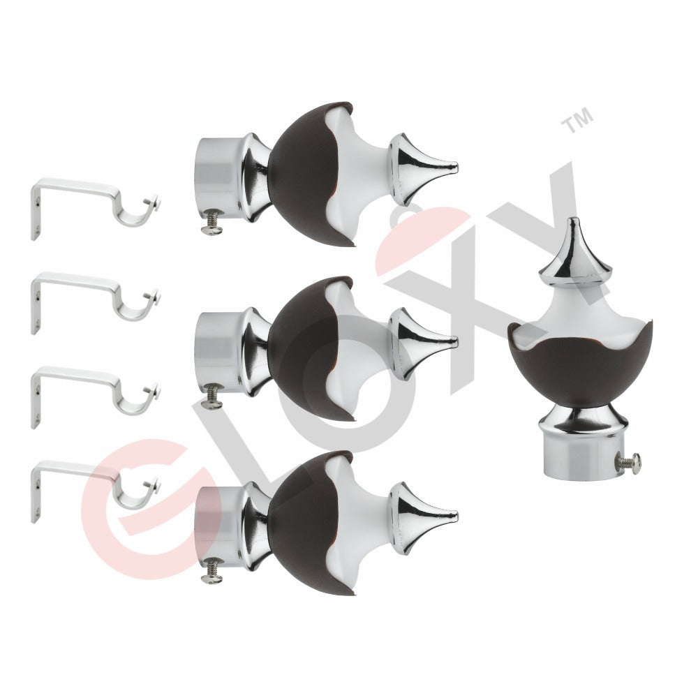 Gloxy Hexa Shape Stainless Steel & ABS Curtain Rod Finials with Support– Brown 2 Pair