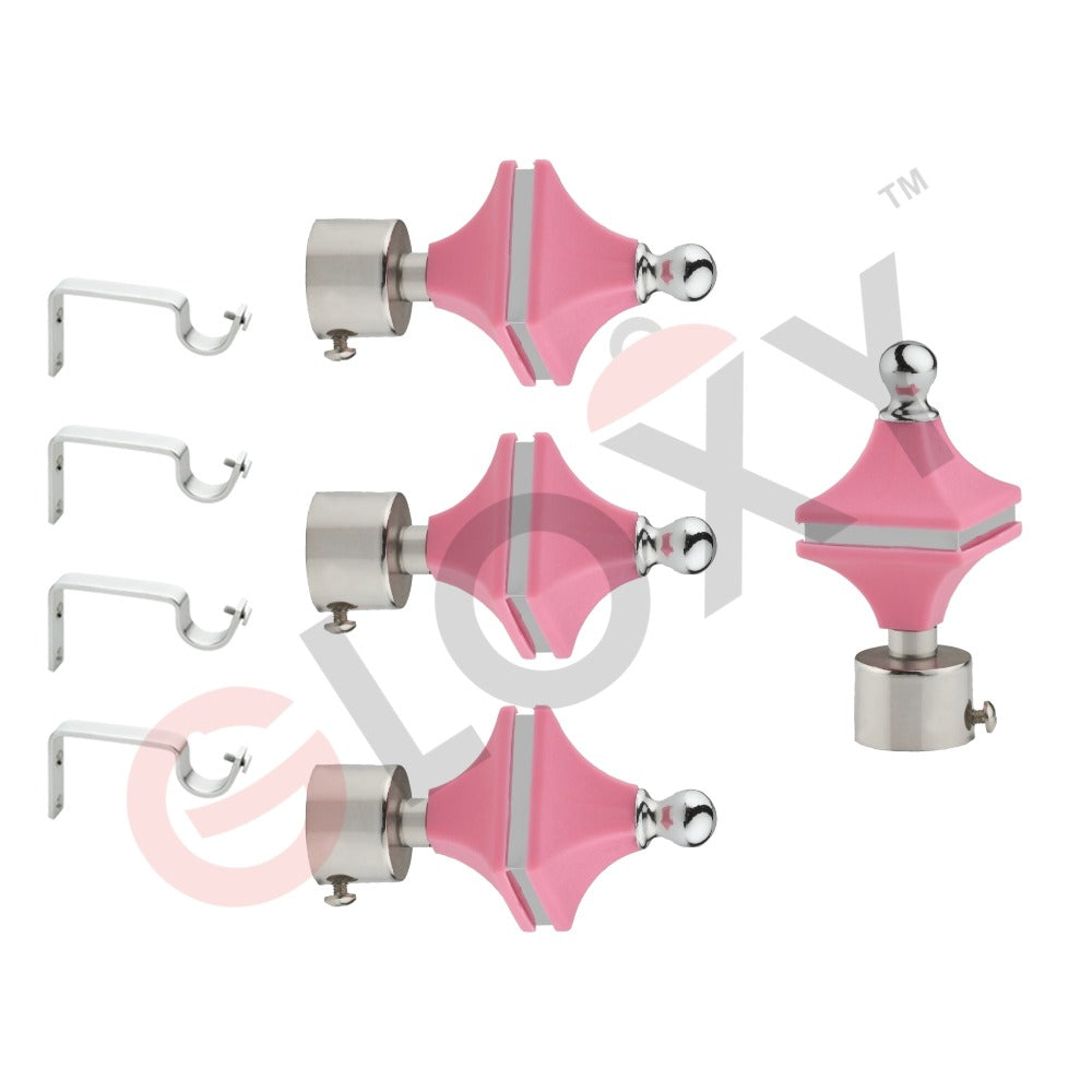 Gloxy Hexa Shape Stainless Steel & ABS Curtain Rod Finials with Support– Pink 2 Pair