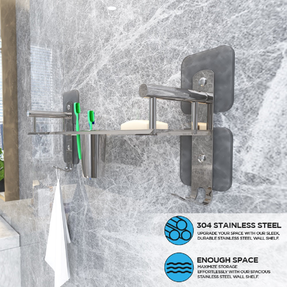 Rectangular Shape Stainless Steel Multipurpose 1 Layer Shelf Adhesive Bathroom Shelf