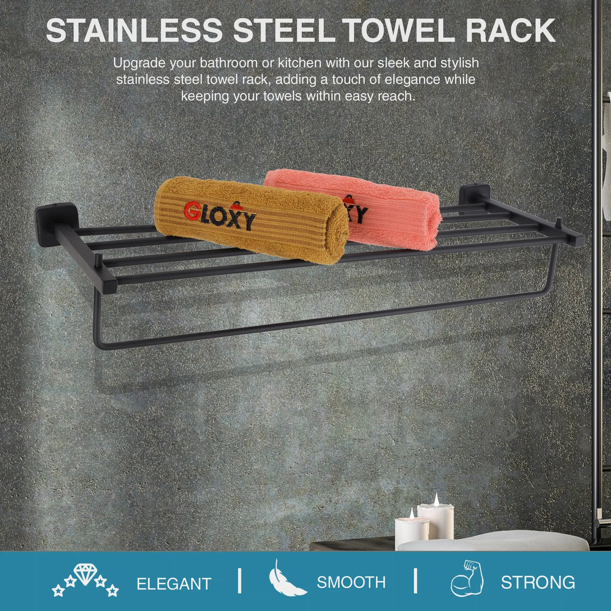 Rectangular Shape Stainless Steel Black Finish Towel Racks (24 Inch)-by GLOXY®