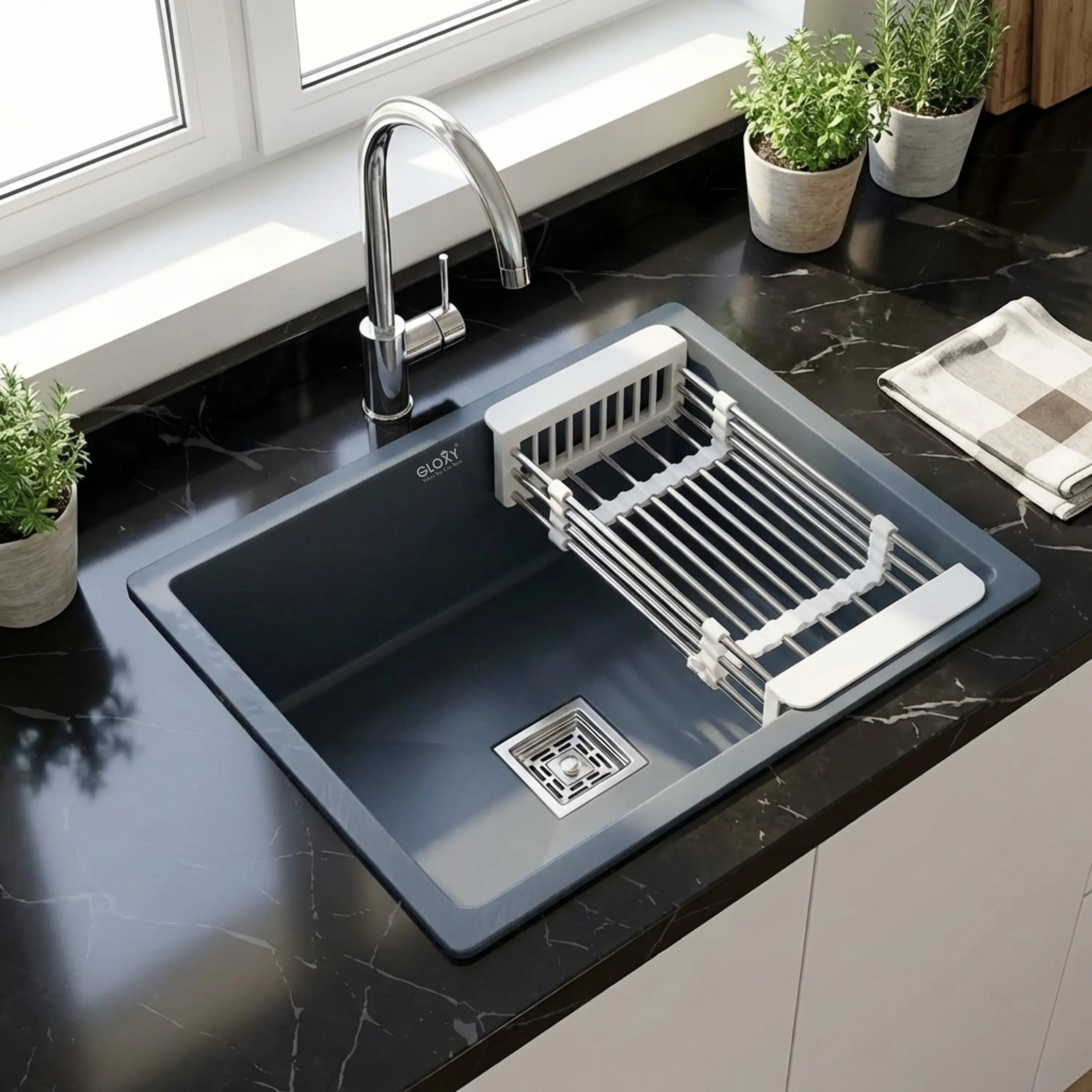 Gloxy Stainless Steel Handmade Single Bowl Kitchen Sink 16x18 Inch-Gray