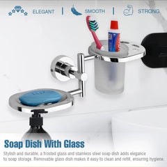 Round Shape Stainless Steel SS304 Soap Dish with Glass Toothbrush Holder(Silver)-by GLOXY®