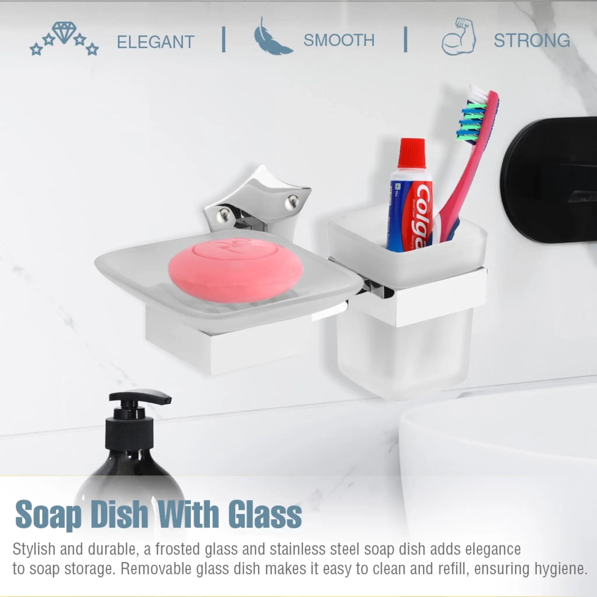 Star Shape Stainless Steel SS304 Soap Holder with Glass Toothbrush Holder (Silver)-by GLOXY®