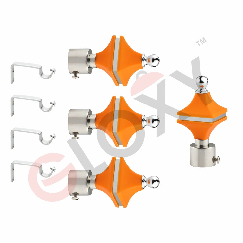 Gloxy Hexa Shape Stainless Steel & ABS Shape Aluminium Curtain Rod Finials with Support– Orange 2 Pair