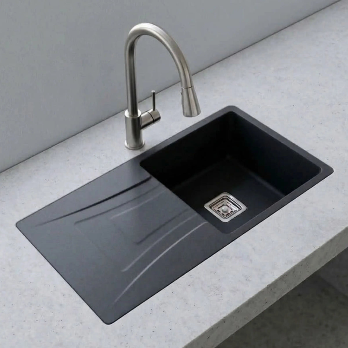 Gloxy Quartz Granite Single Bowl Kitchen Sink with Drain Board | 36 × 18 × 9 Inches (Black Matte)