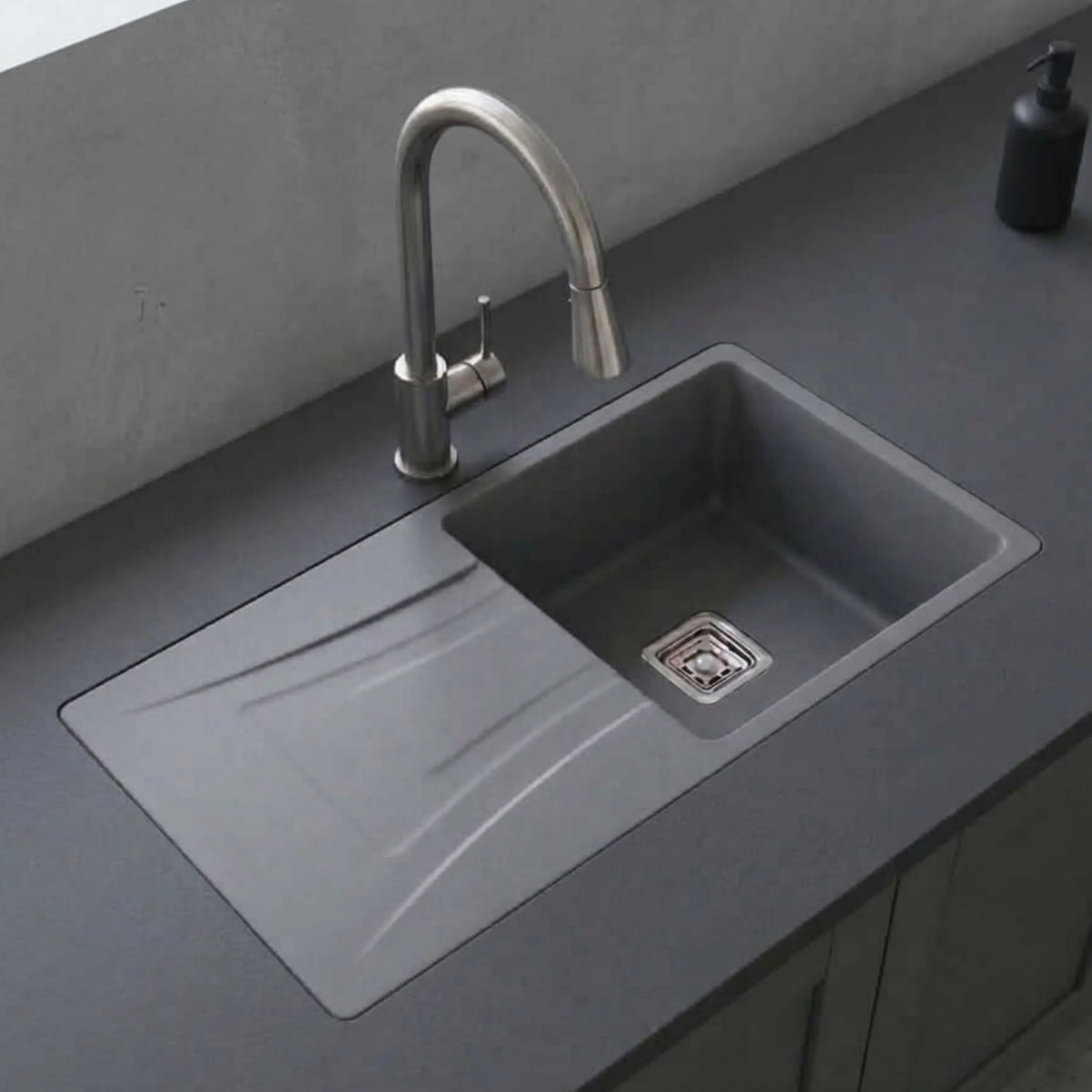 Gloxy Quartz Granite Single Bowl Kitchen Sink with Drain Board | 36 × 18 × 9 Inches (Grey Matte)