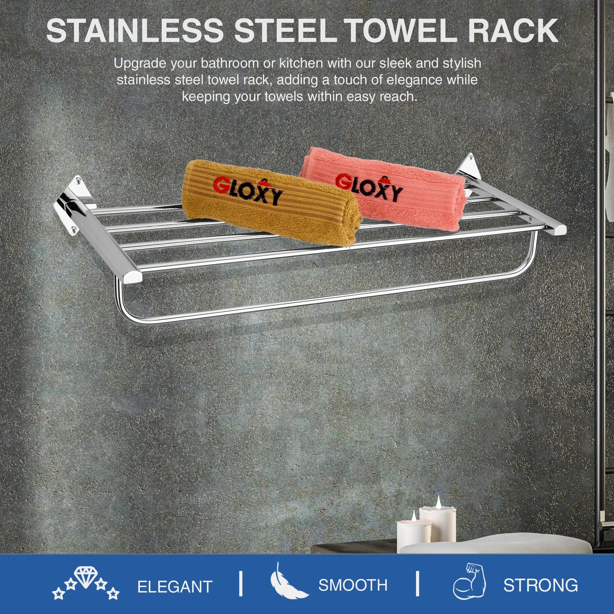 Folding Stainless Steel SS304 Towel Rack (24 inch, Silver)-by GLOXY®