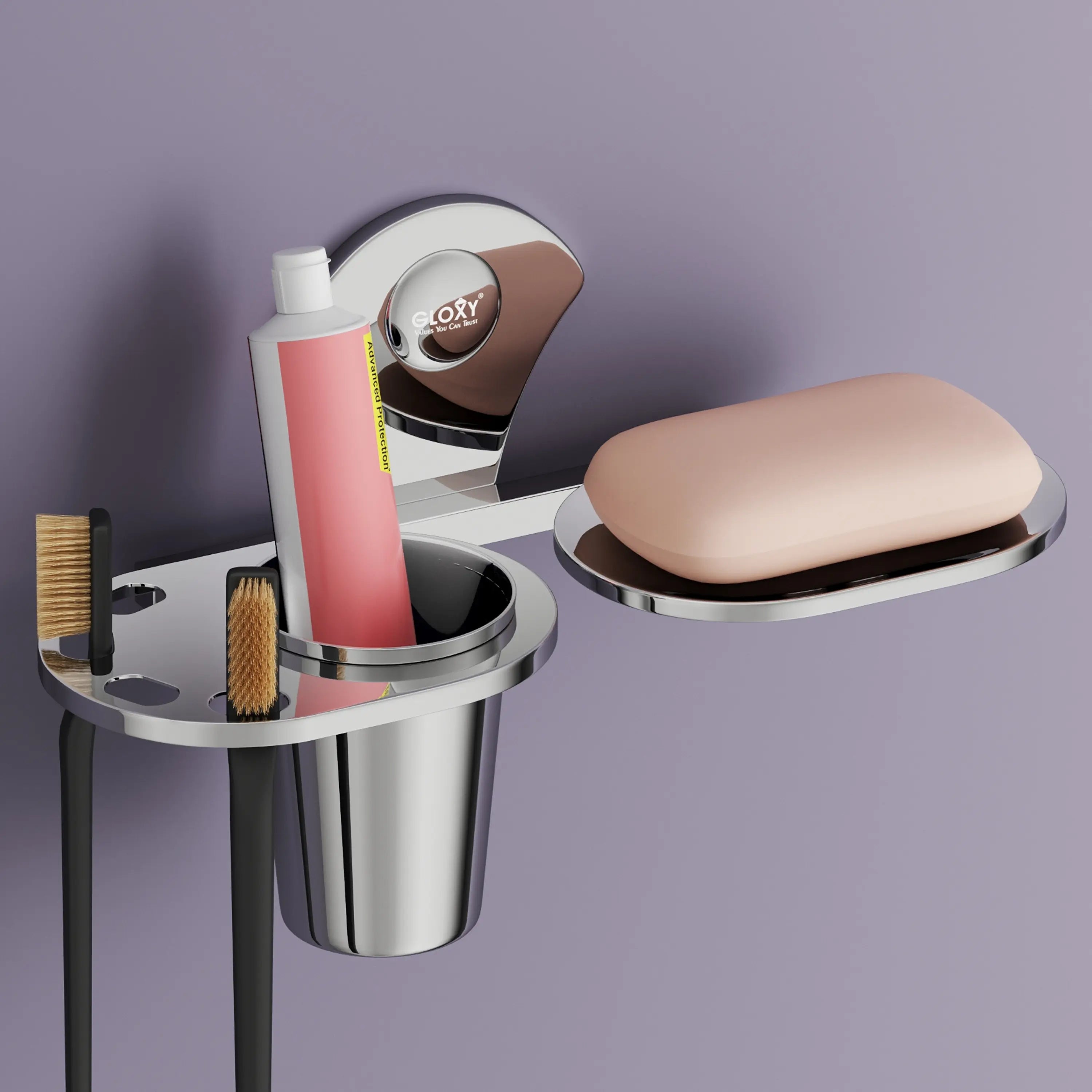 Gloxy Stainless Steel Single Soap Holder Wall Mounted With Toothbrush Holder