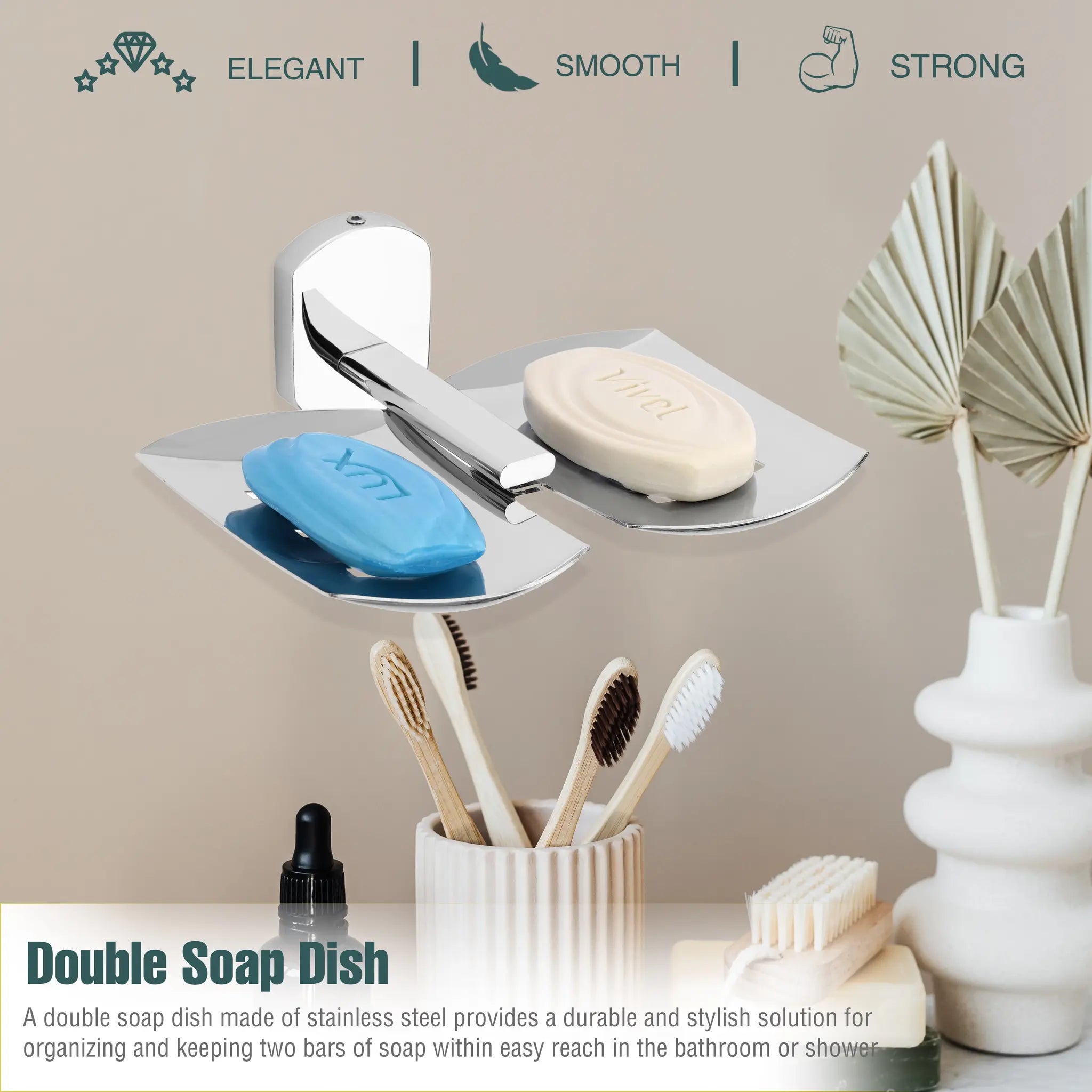 Rectangular Shape Stainless Steel SS202 Double Soap Holder (Silver)-by GLOXY®