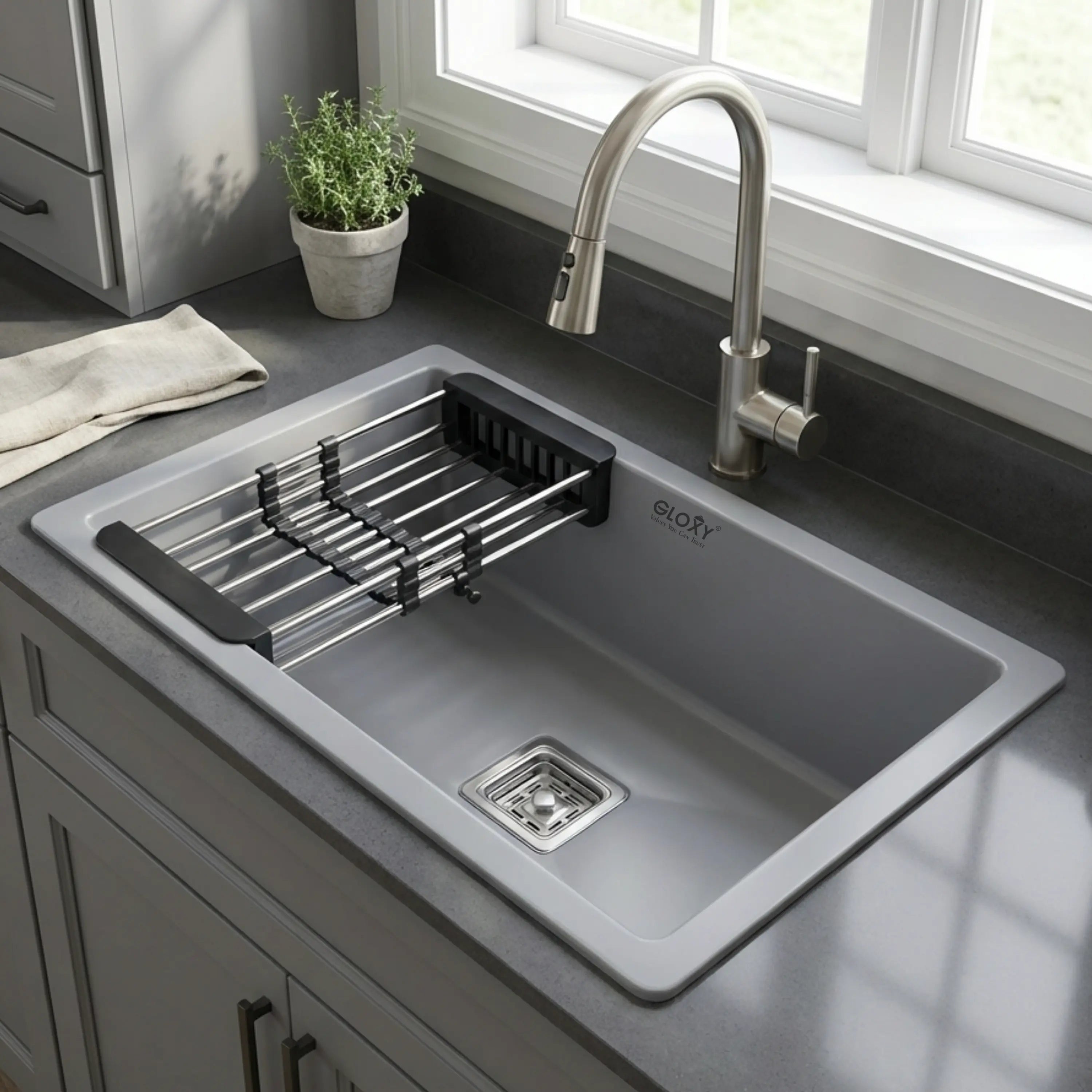 Gloxy Stainless Steel Handmade Single Bowl Quartz Kitchen Sink 21x18 Inch-Grey