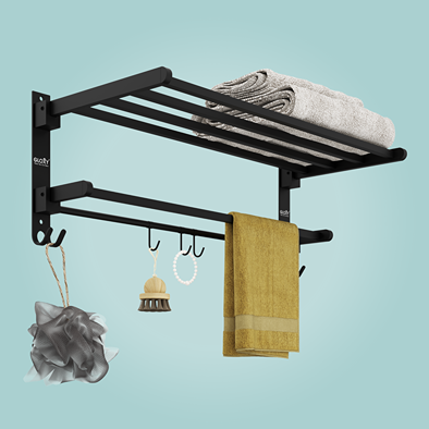 Gloxy Rectangular Shape Stainless Steel Black Finsih Folding 2-Bar Towel Rack with Adjustable Hook-24 Inch