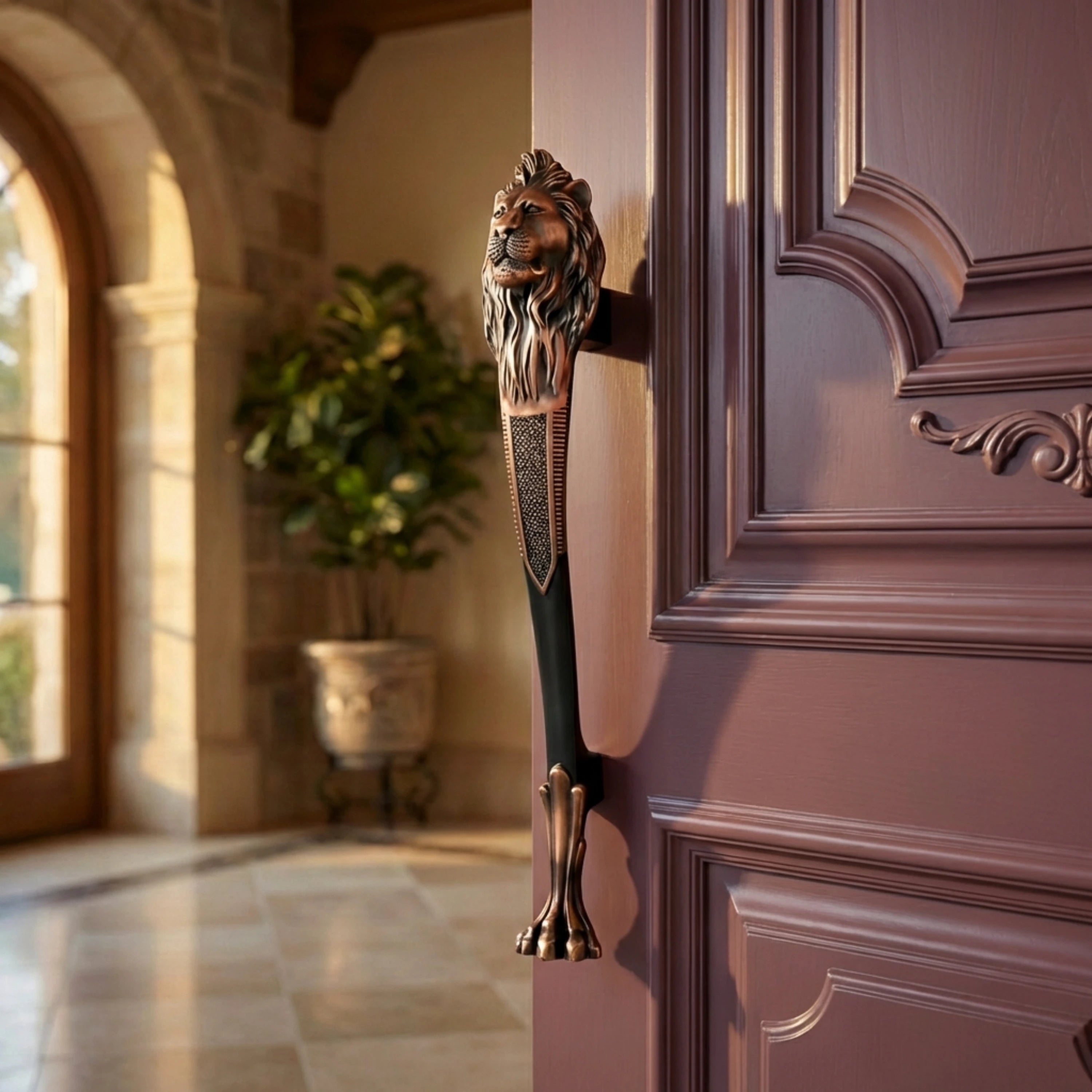 Gloxy Lion Shape Aluminium Antique Main Door Handle 15 Inch -Copper Black